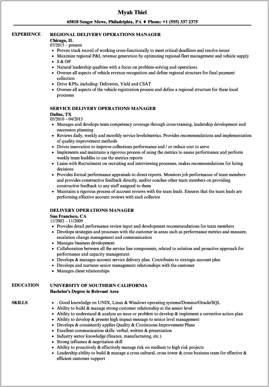 Resume For Manager Operation Production Manager