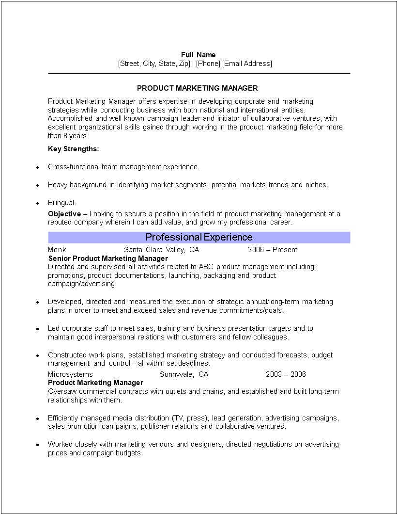 Resume For Marketing And Promotional Products Experience Example