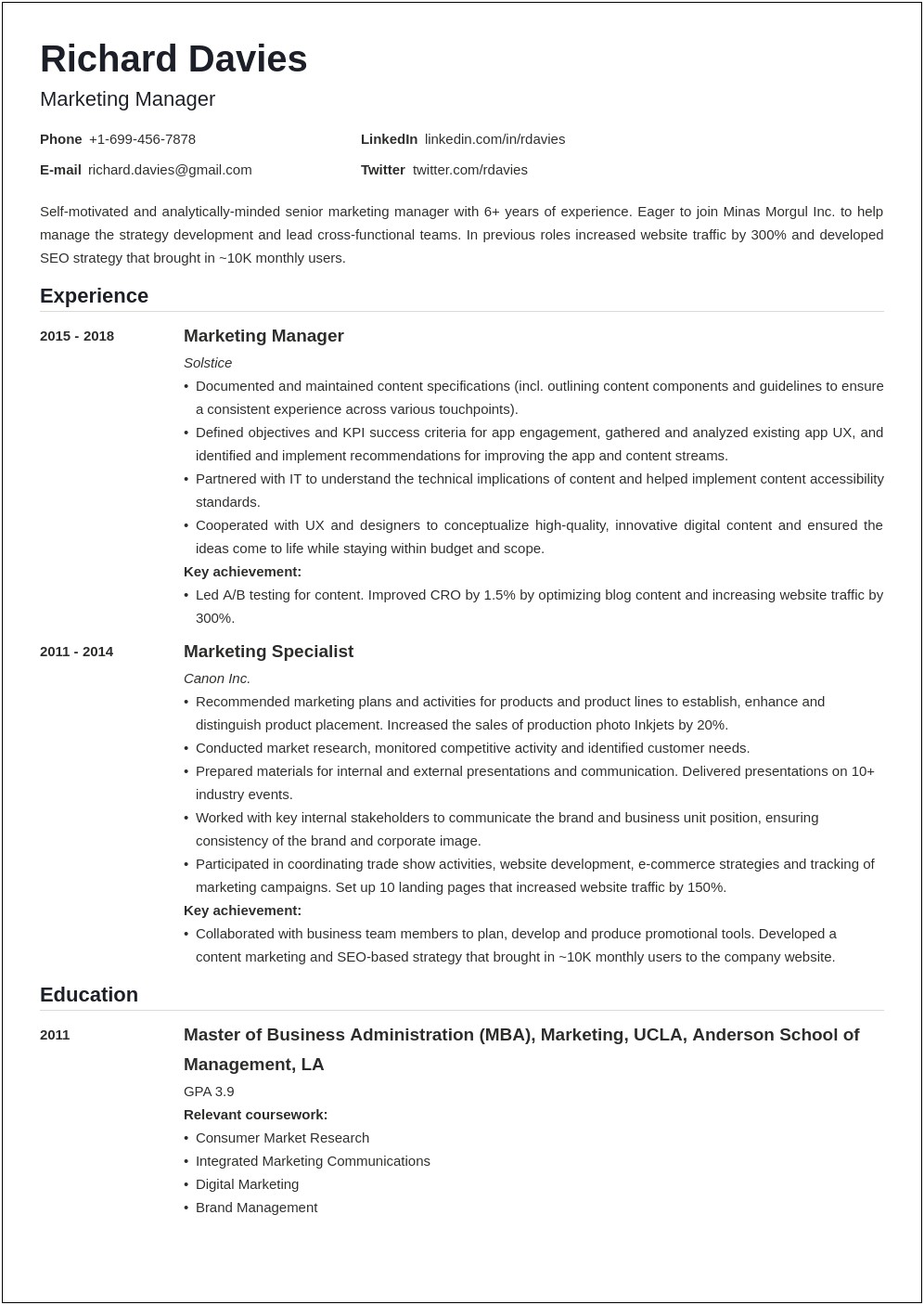 Resume For Marketing Position Sample