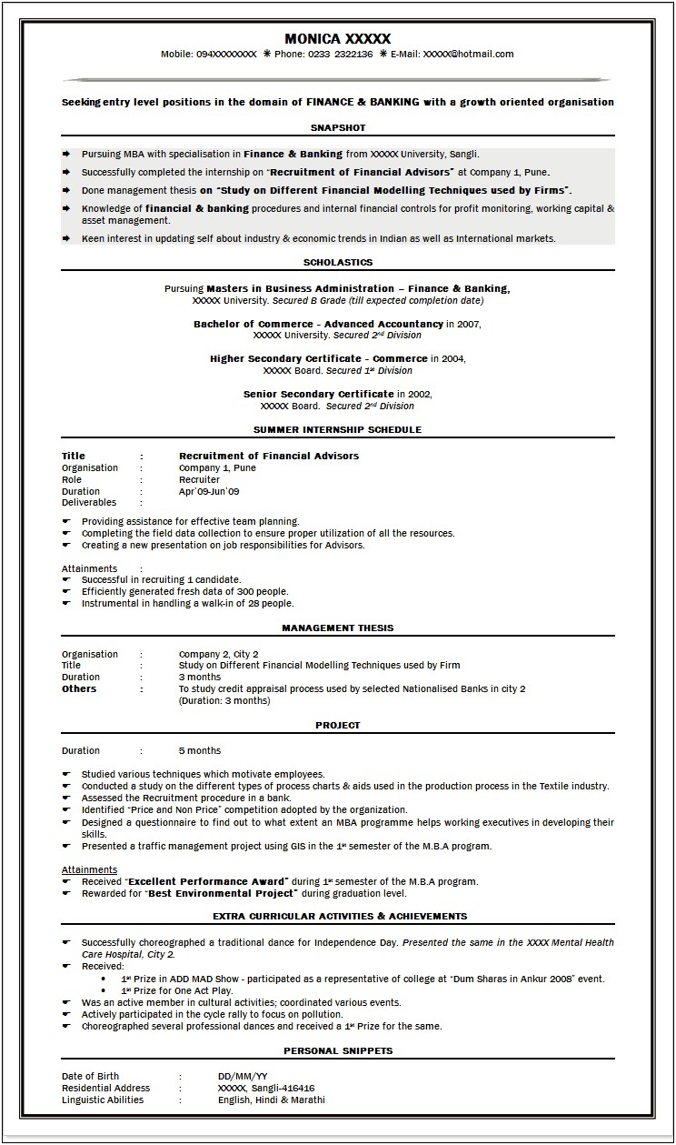 Resume For Mba Finance Fresher In Word Format