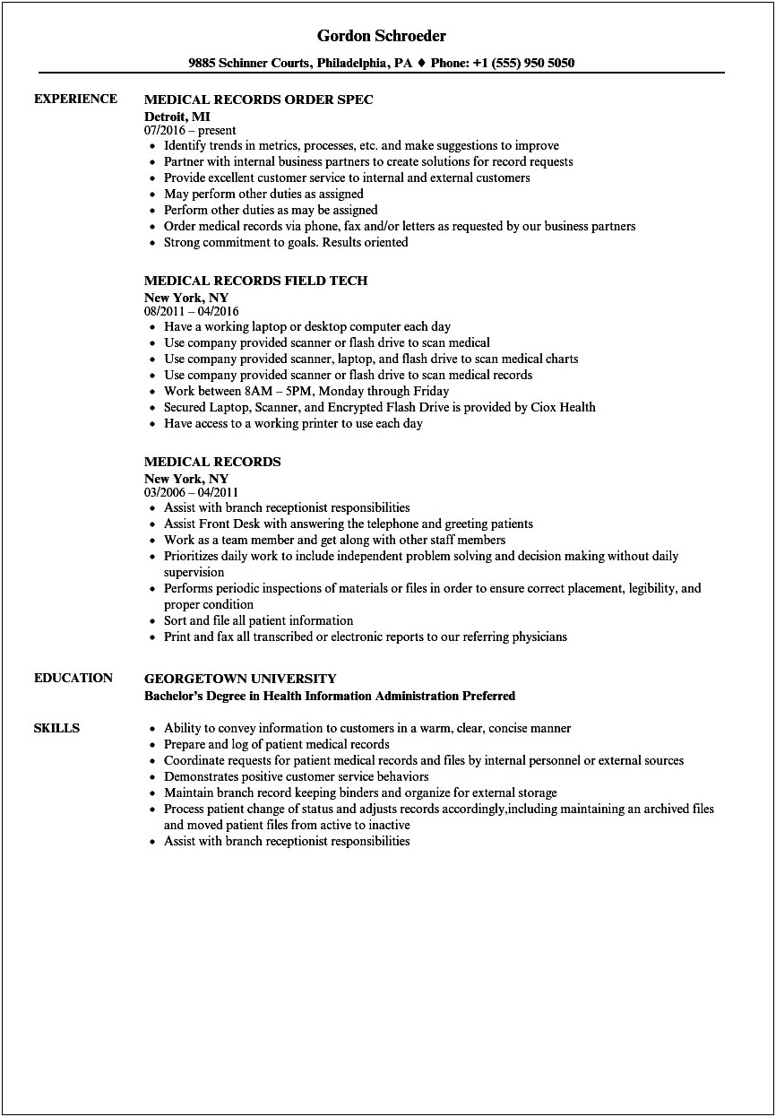 Resume For Medical Records Clerk With No Experience