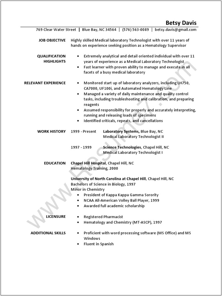 Resume For Medical Technologist With Experience