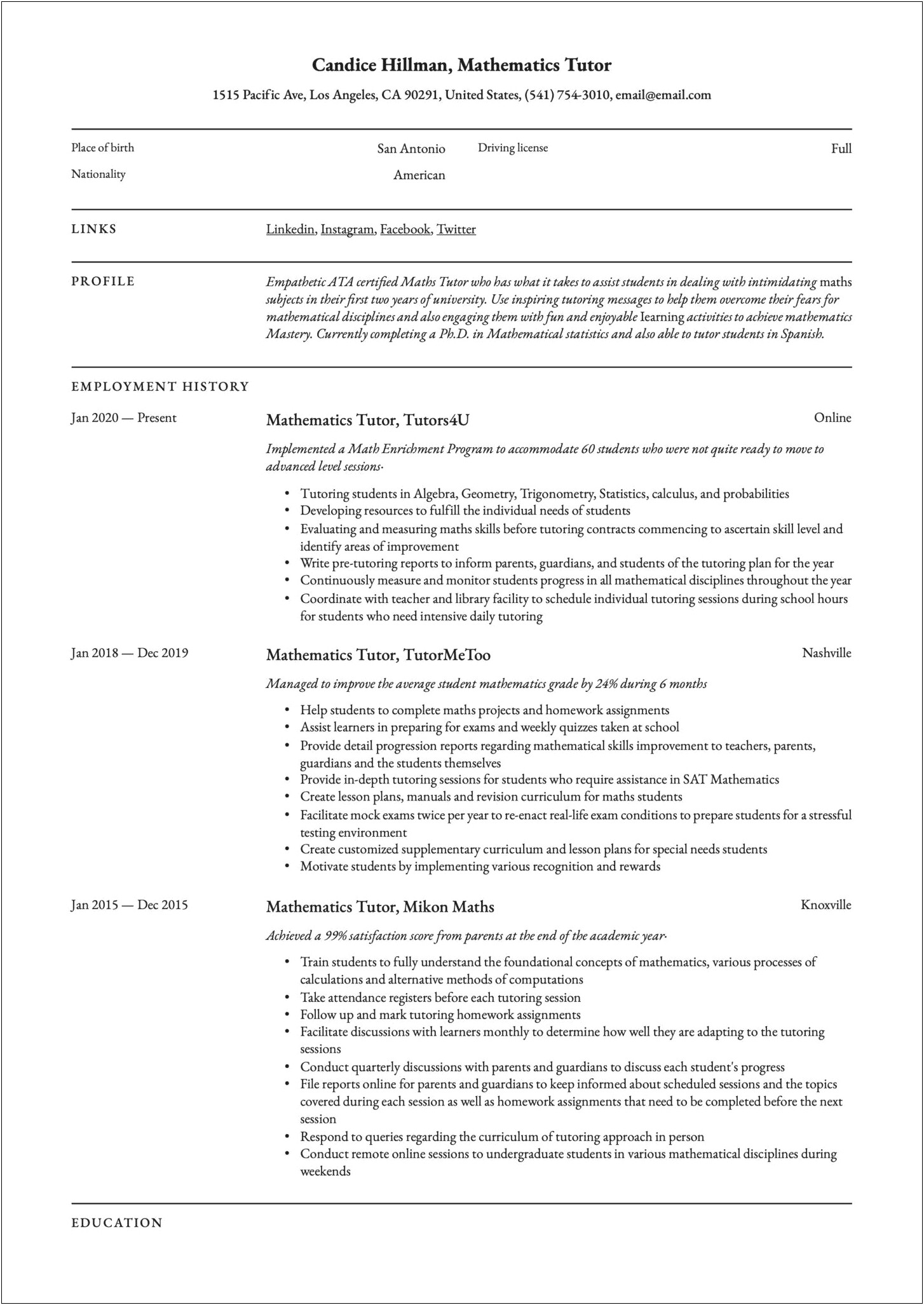 Resume For Middle School Math Teacher