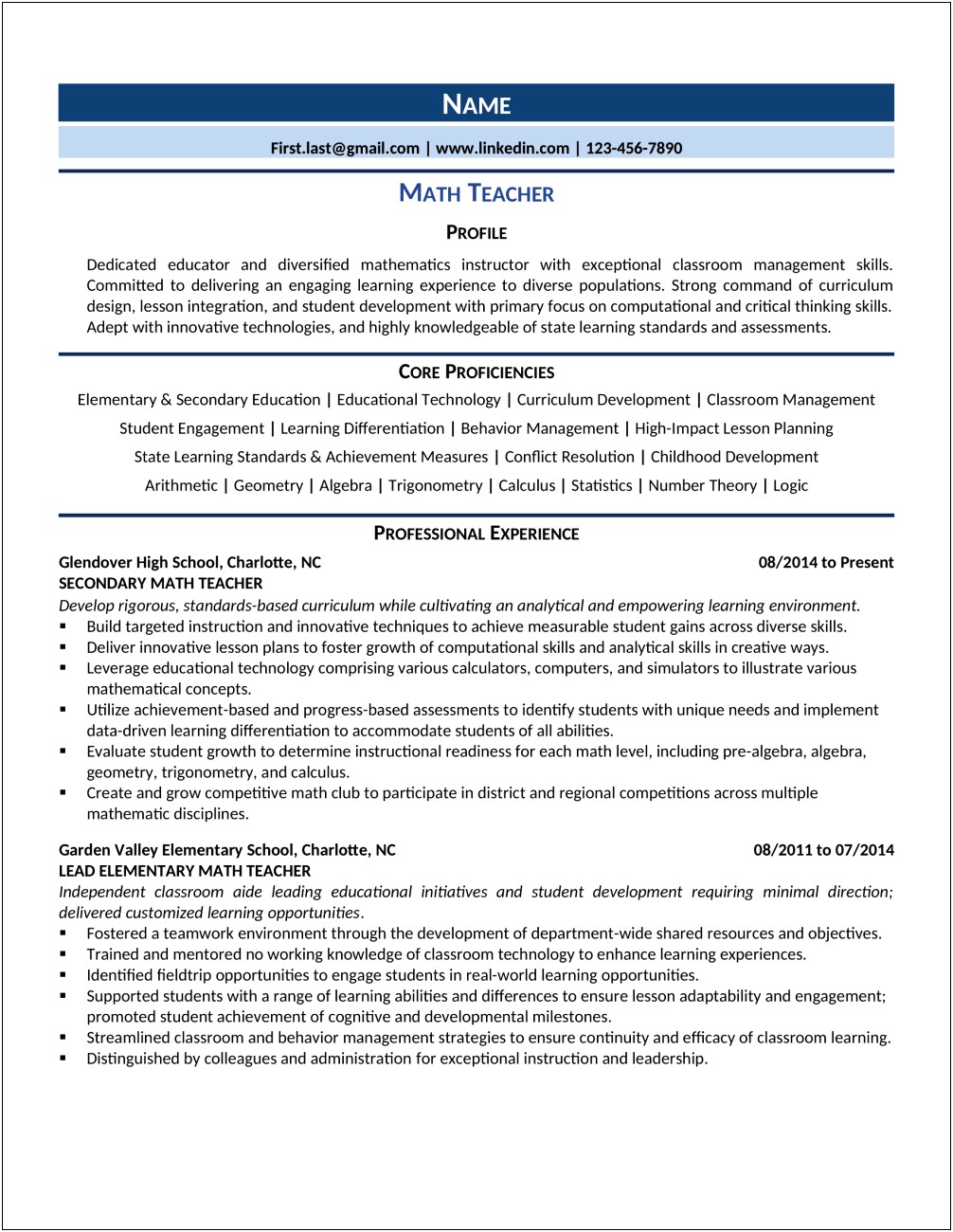 Resume For Middle School Math Teaxher