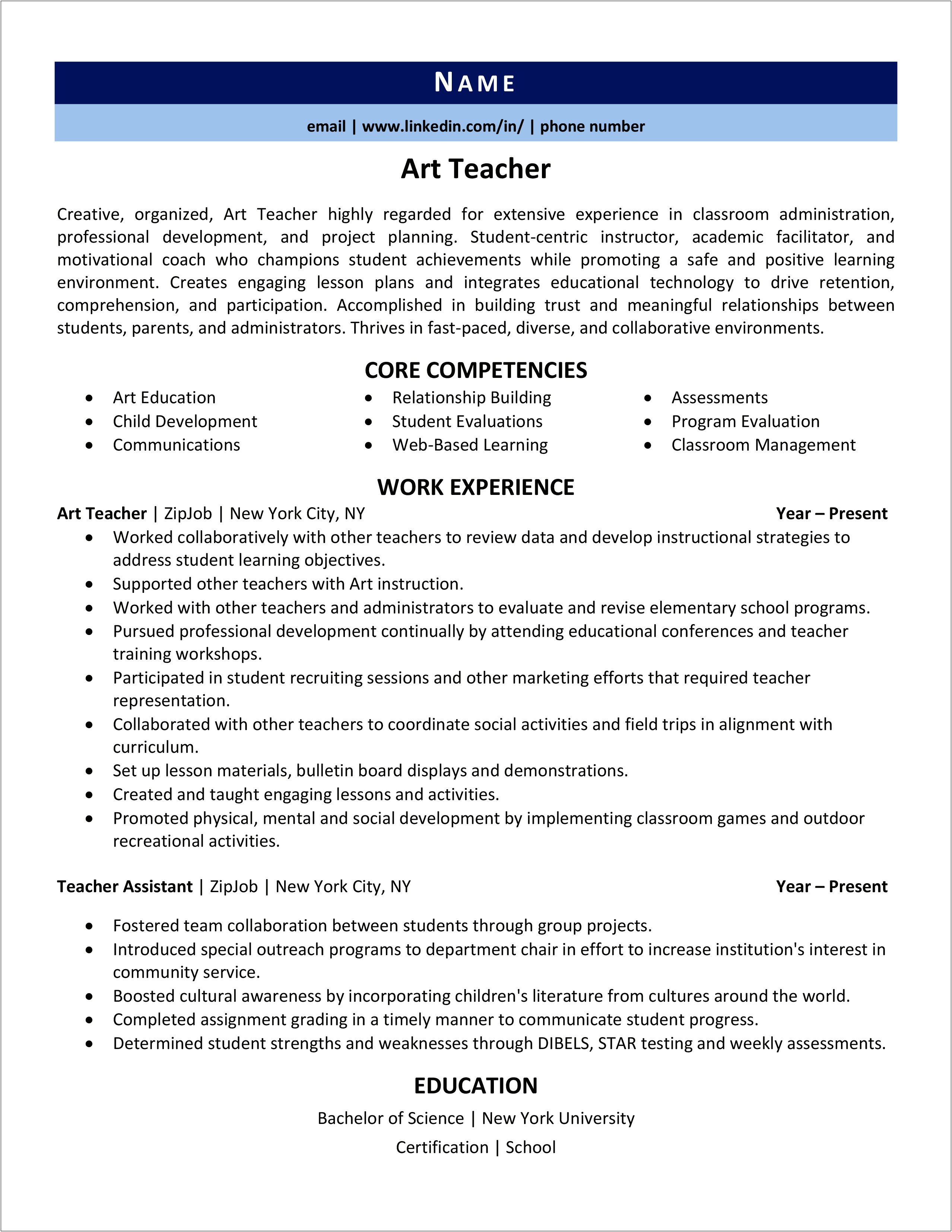 Resume For Middle School Student Arts