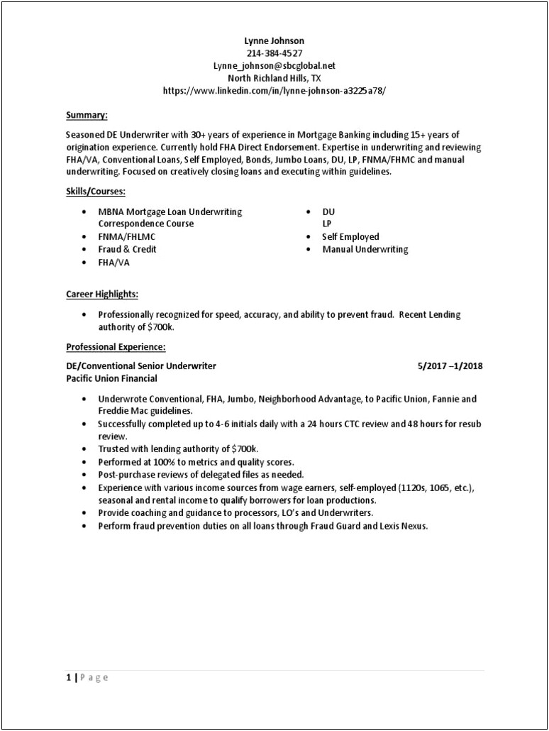 Resume For Mortgage Underwriter Job Application