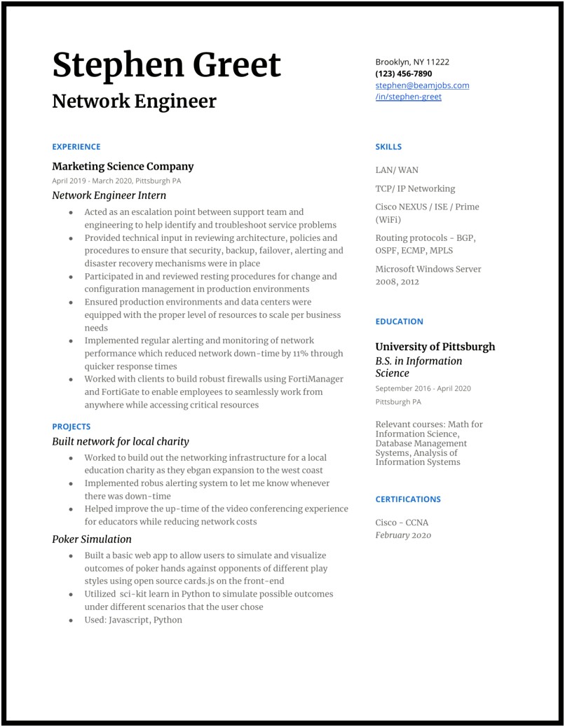 Resume For Network Engineer With One Year Experience