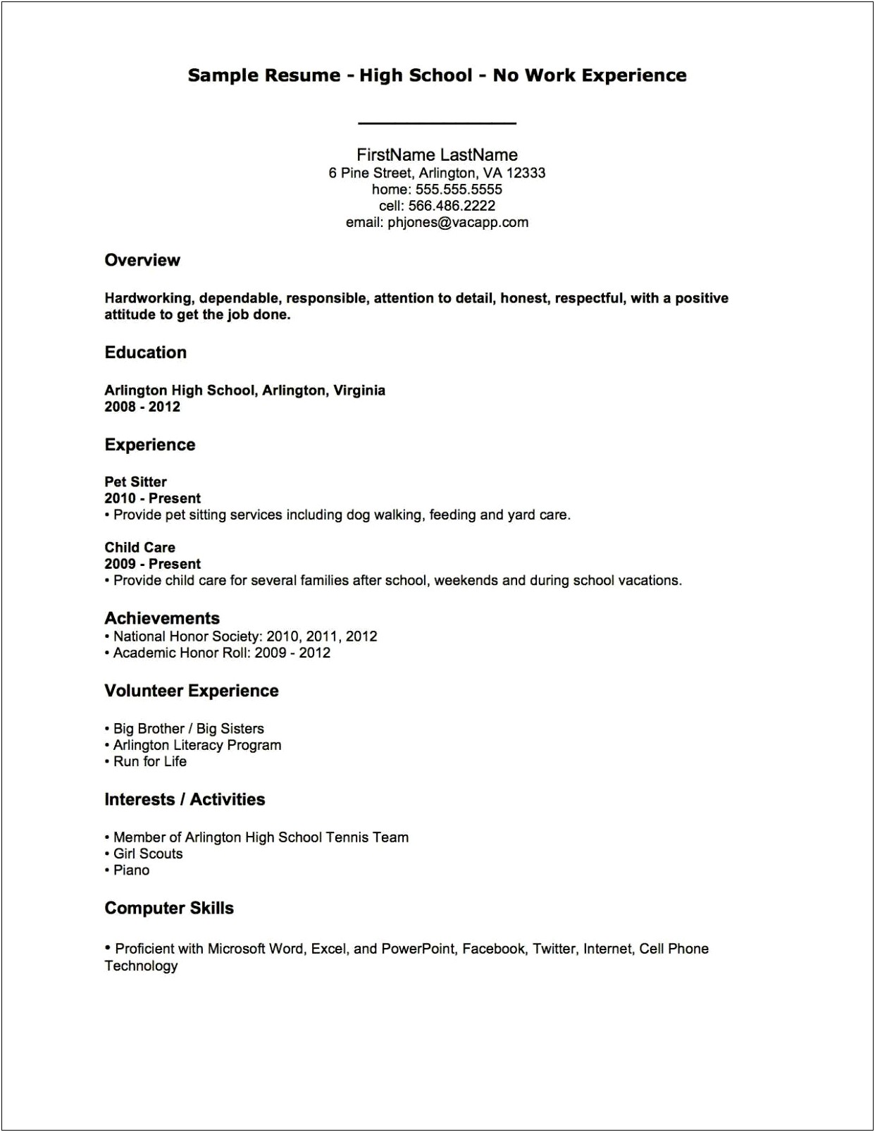 Resume For No Experience High School
