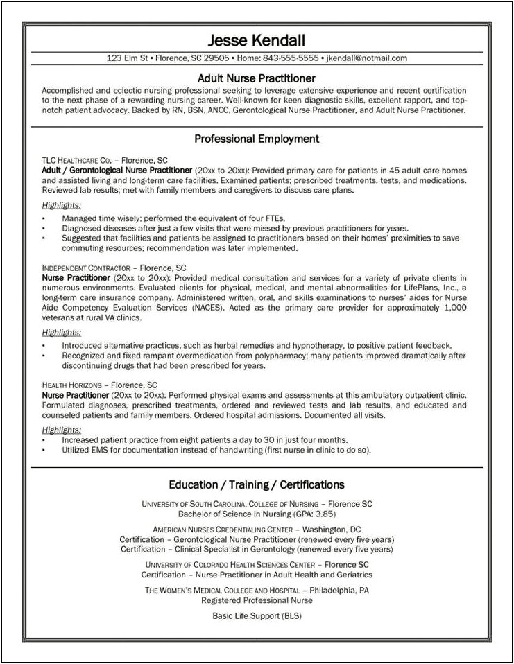 Resume For Nurse Practitioner Sample