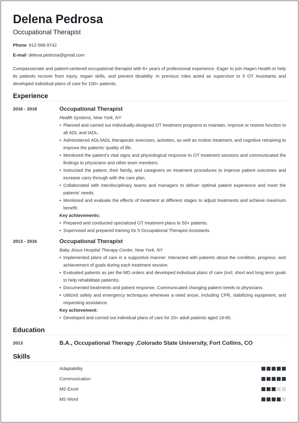 Resume For Occupational Therapy For School