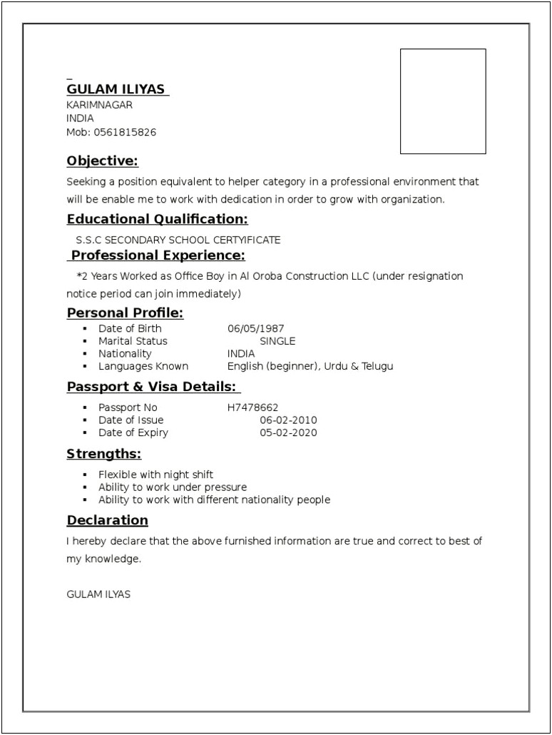 Resume For Office Boy In Word