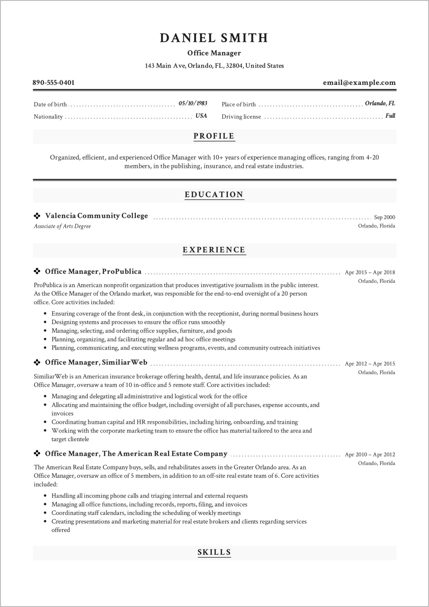 Resume For Office Manager Sample