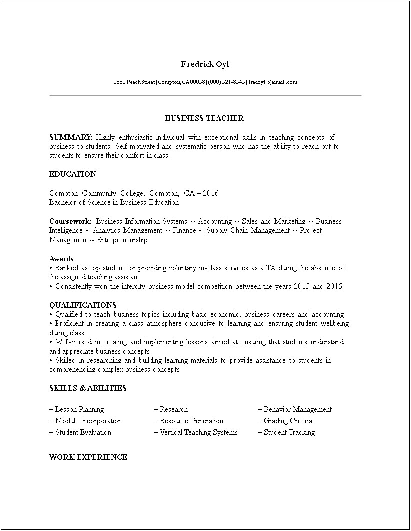 Resume For One Year Experience In Teaching