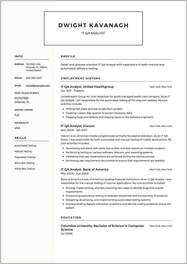 Resume For One Year Experience In Testing