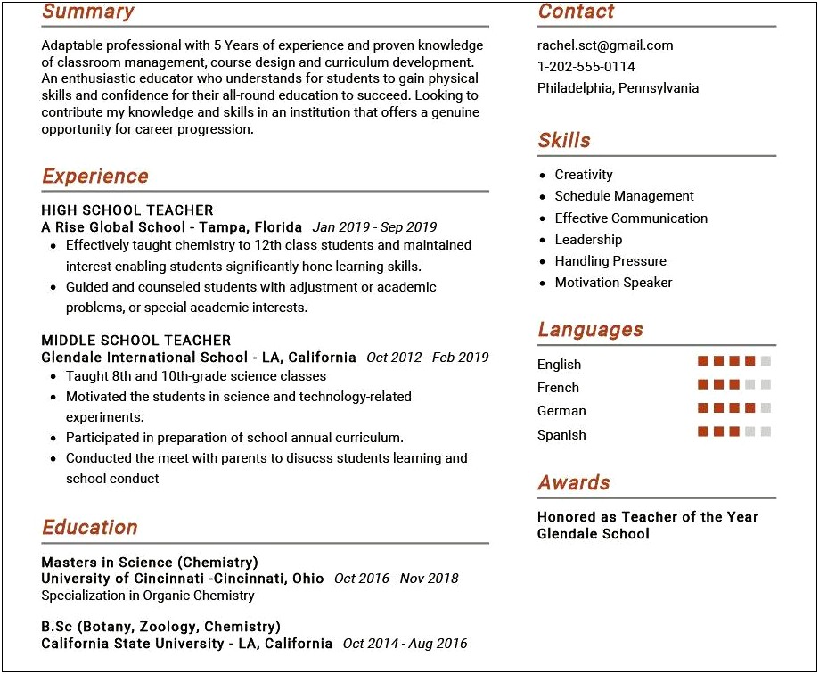 Resume For Online Teaching Sample