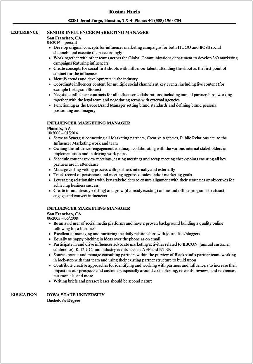 Resume For Outreach And Marketing Manager