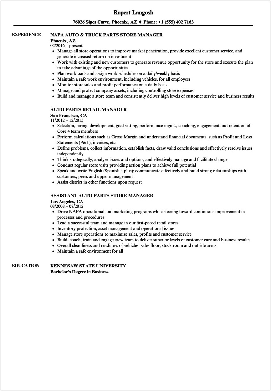 Resume For Parts Manager Position