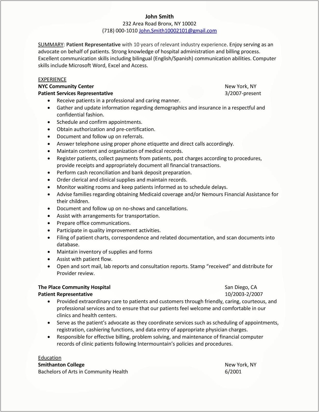 Resume For Patient Access Manager