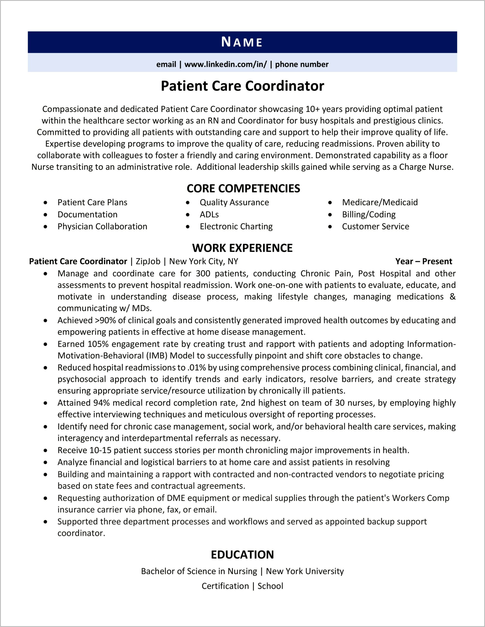 Resume For Patient Coordinator Samples