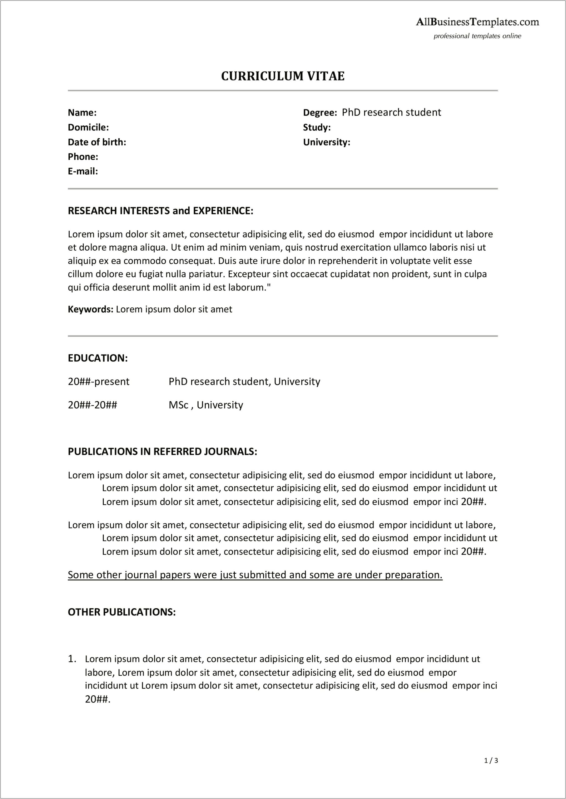 Resume For Phd Application Sample Pdf