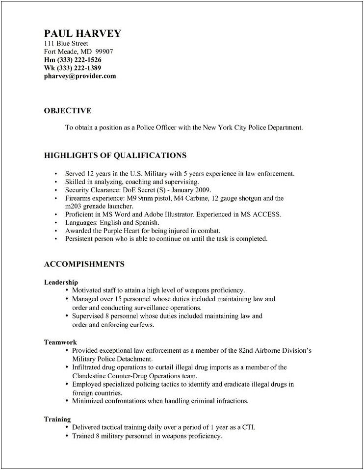 Resume For Police Officer Objective