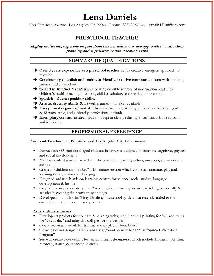 Resume For Preschool Assistant With No Experience