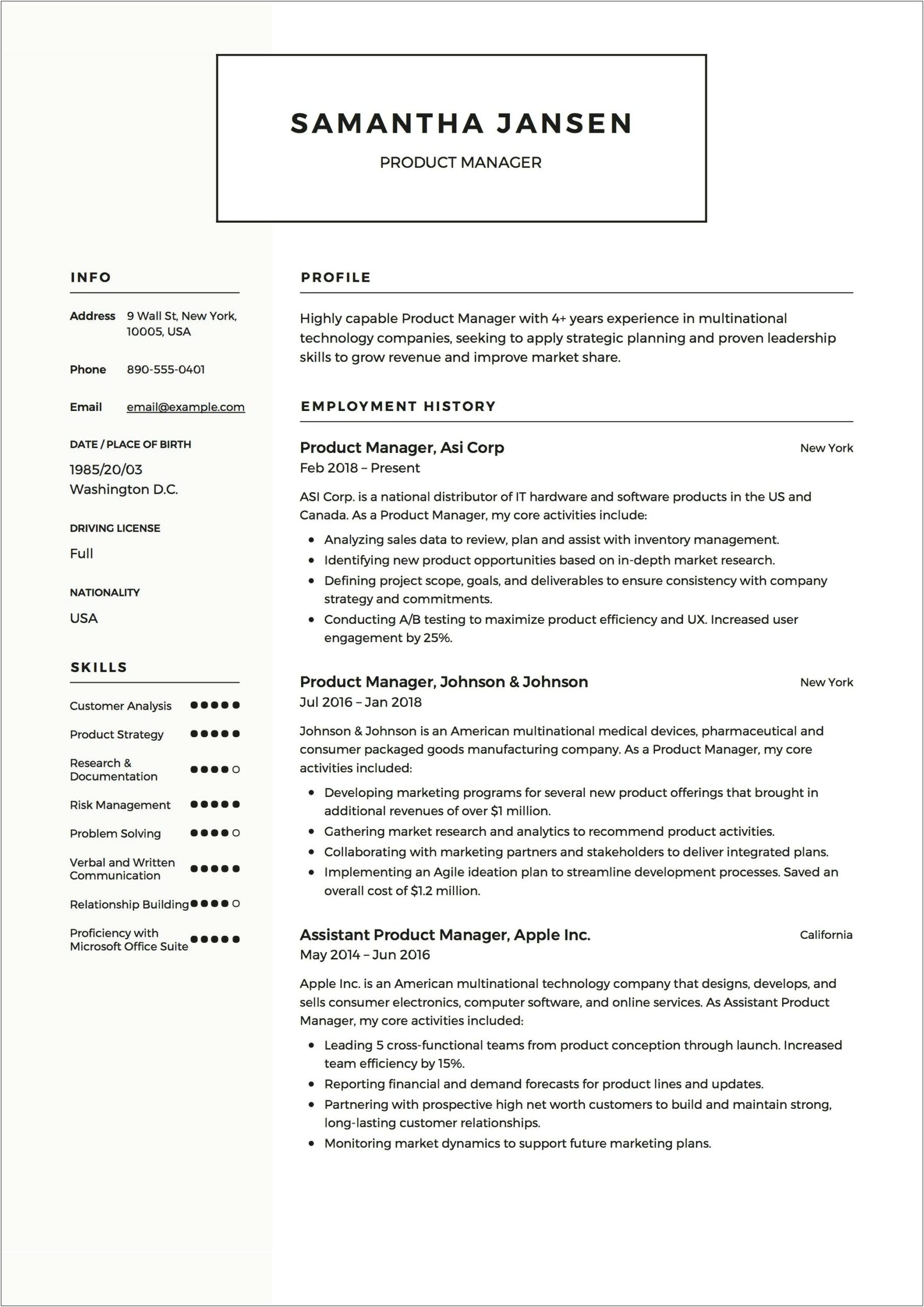 Resume For Product Management Agency
