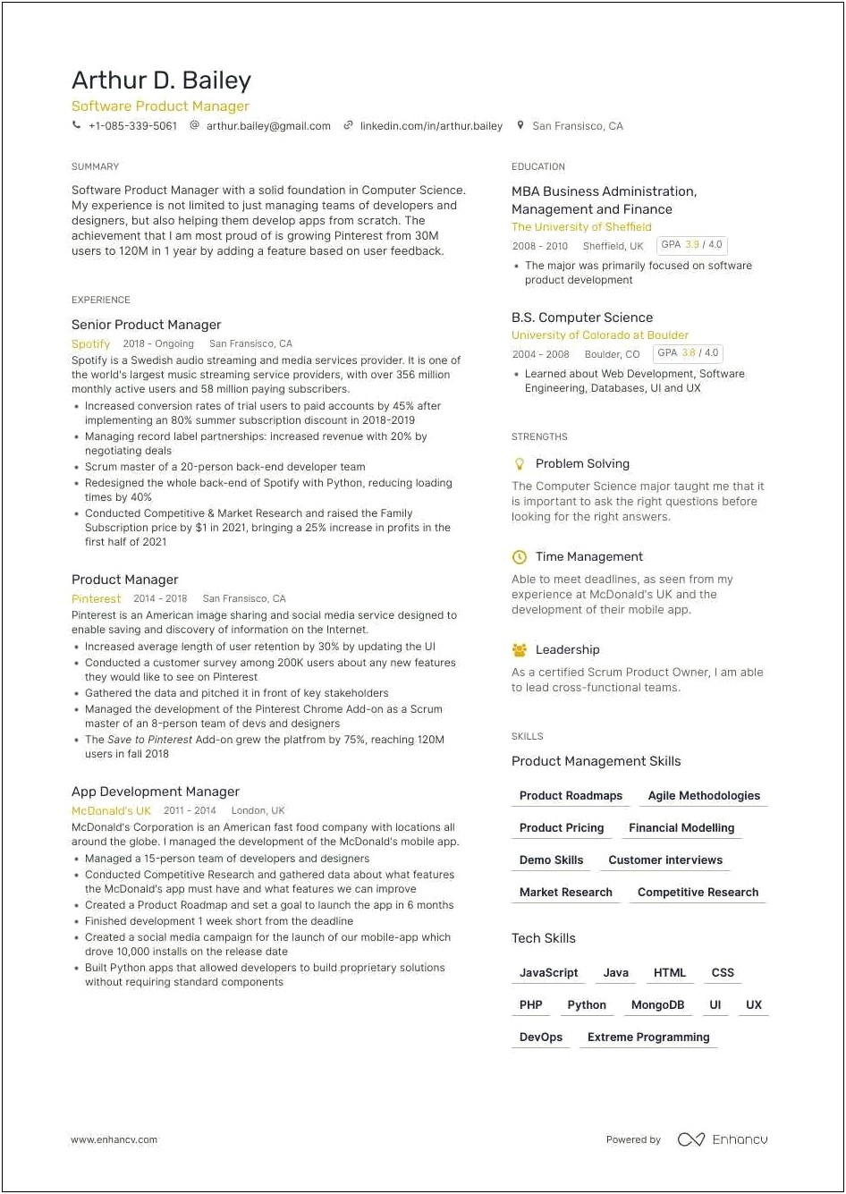 Resume For Product Manager Fresher