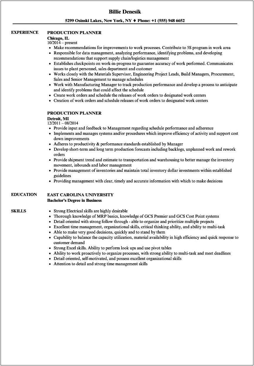 Resume For Production Planning And Control Manager