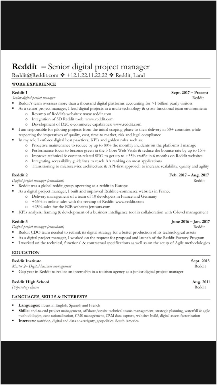 Resume For Project Managers Reddit