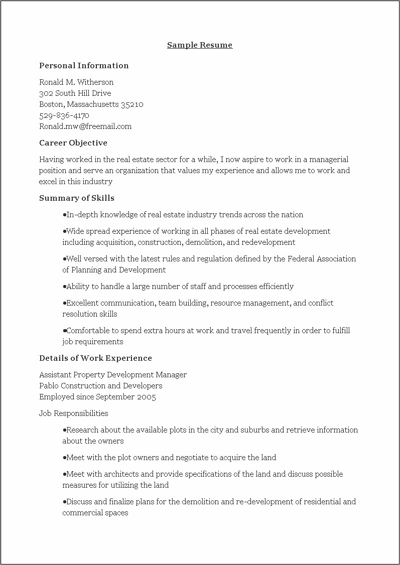 Resume For Property Manager Position