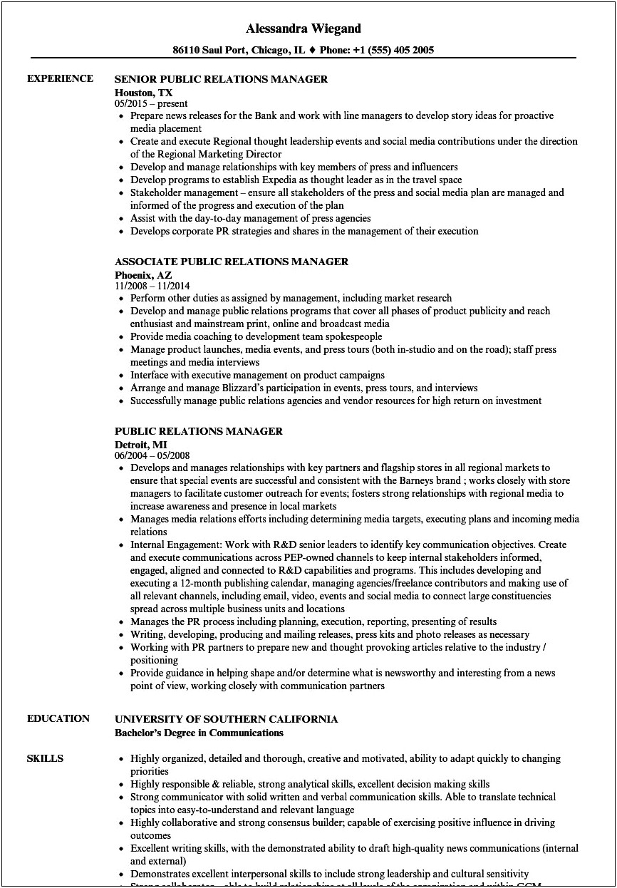 Resume For Public Relations Manager