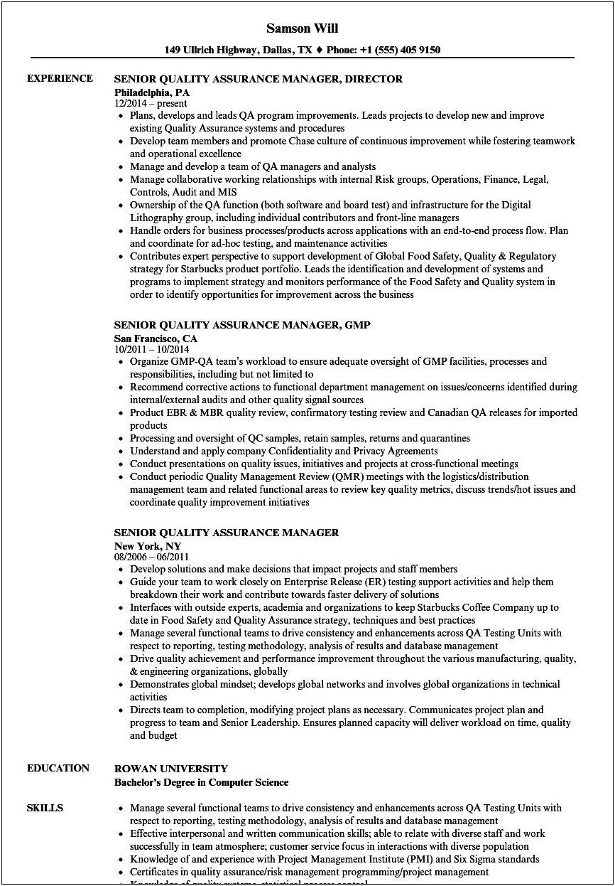 Resume For Qc Manager In Pharma