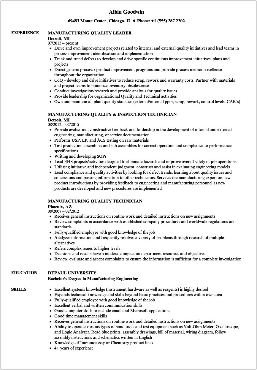 Resume For Quality Assurance Manager In Automotive Industry