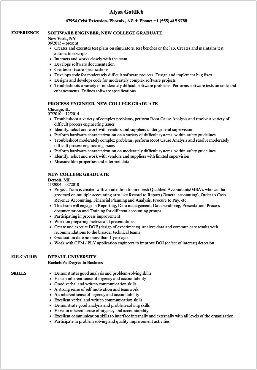 Resume For Recent College Graduate With No Experience