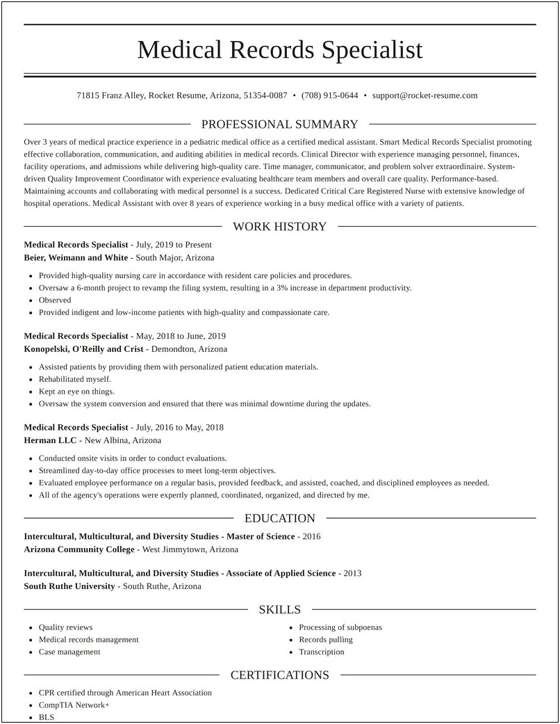 Resume For Records Specialist Professional Summary