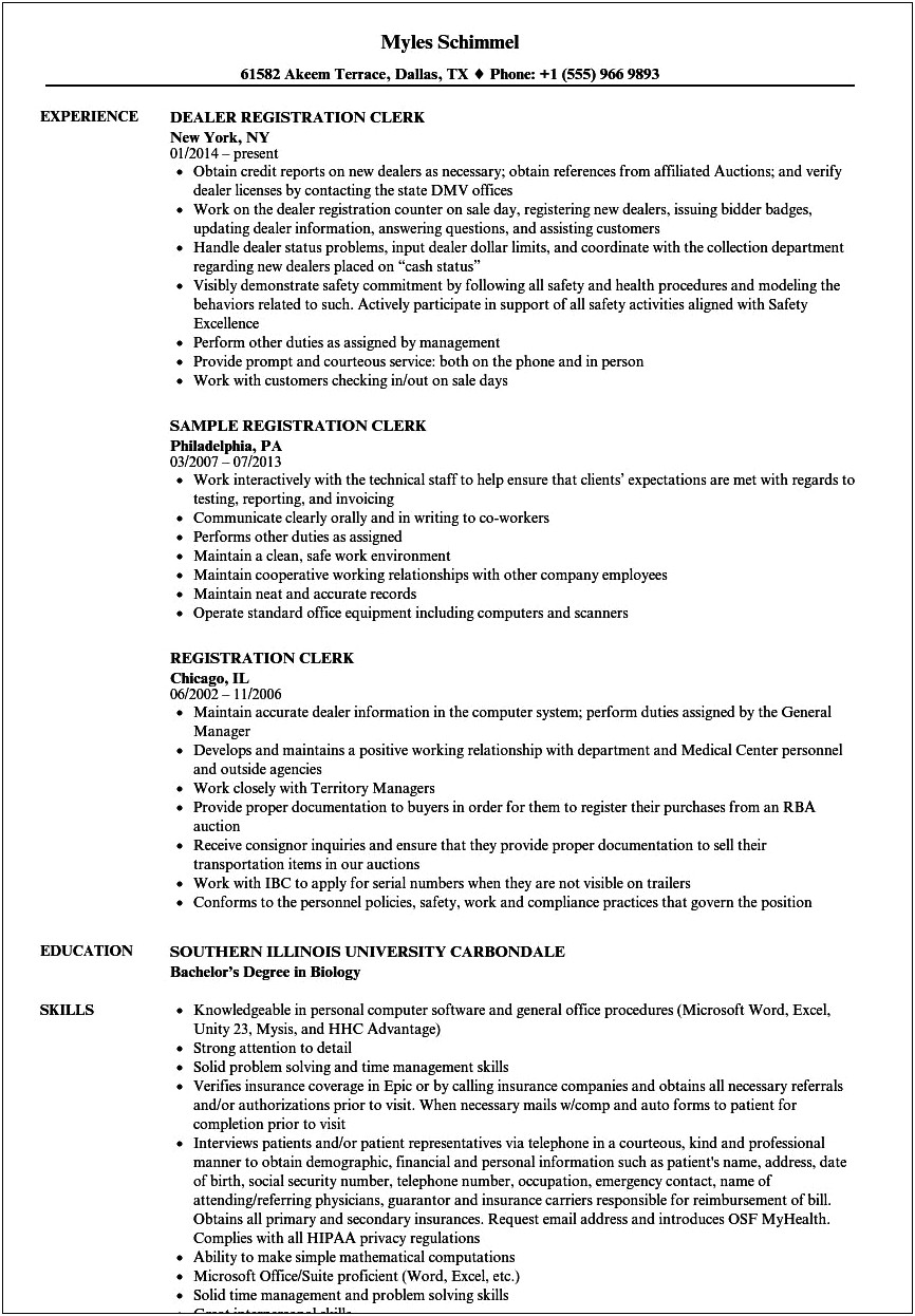 Resume For Registrar With No Experience