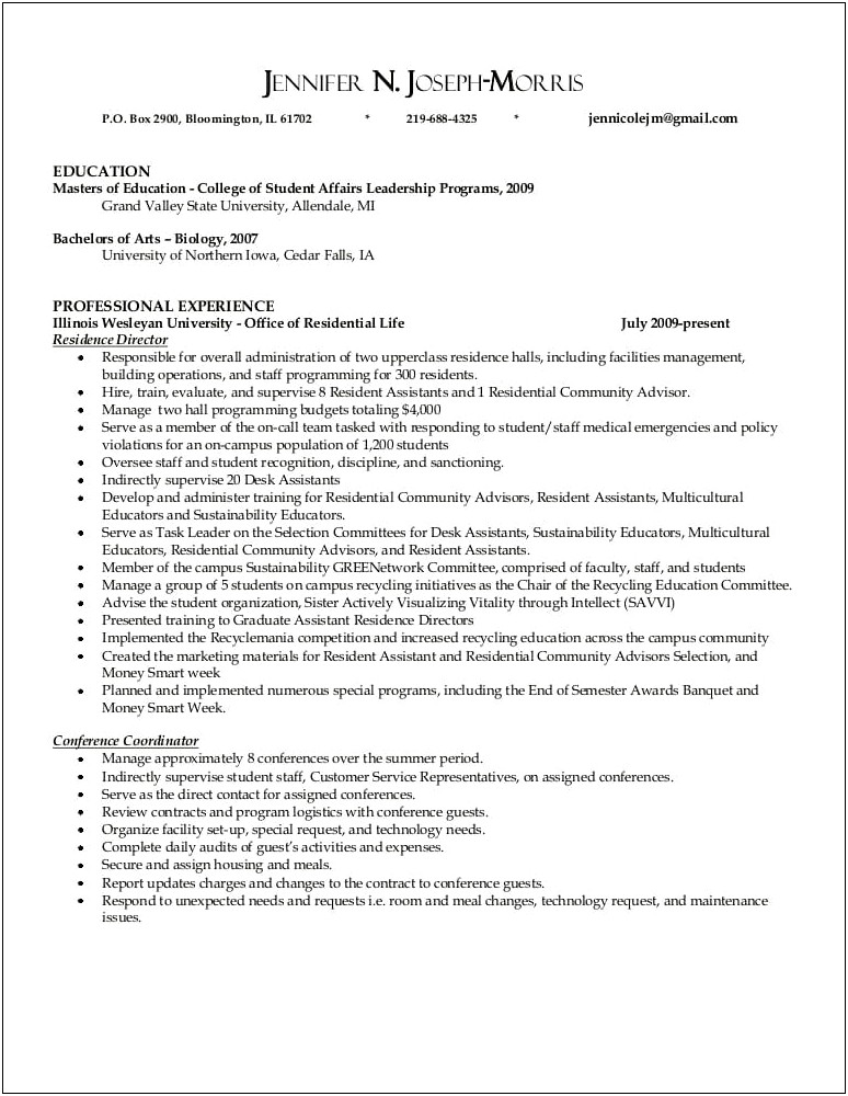Resume For Residential Assistant Examples