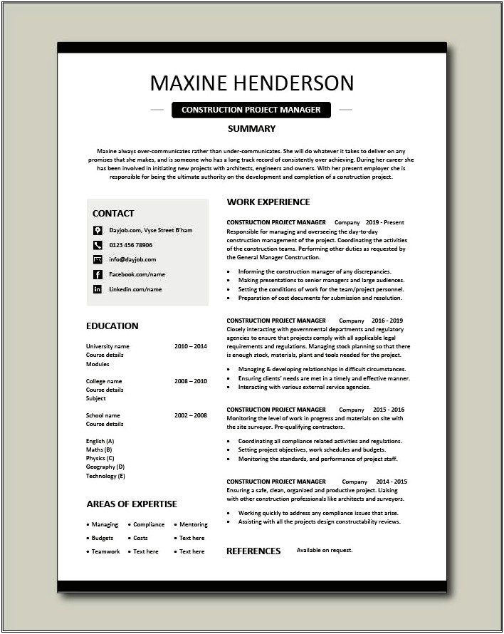 Resume For Residential Construction Manager