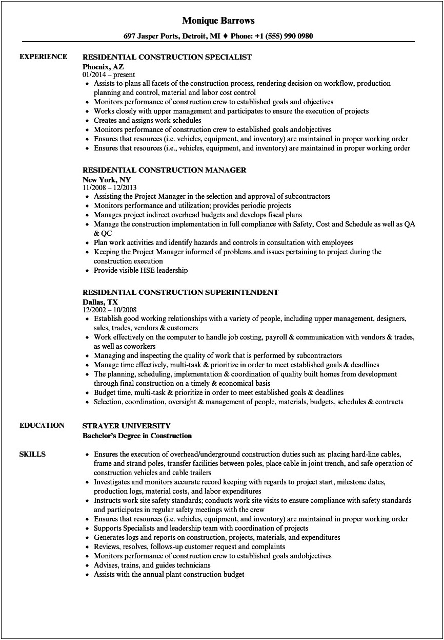 Resume For Residential Project Manager Position