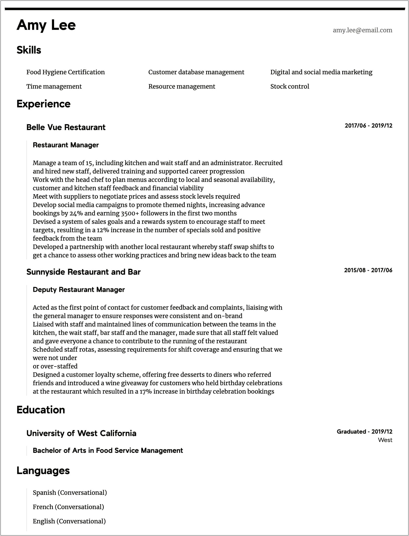 Resume For Restaurant Manager Examples