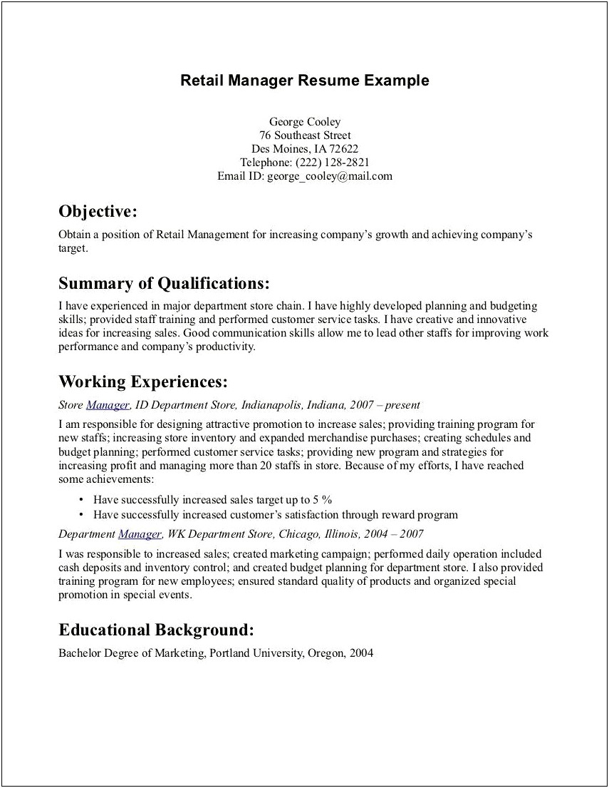 Resume For Retail Job Objective