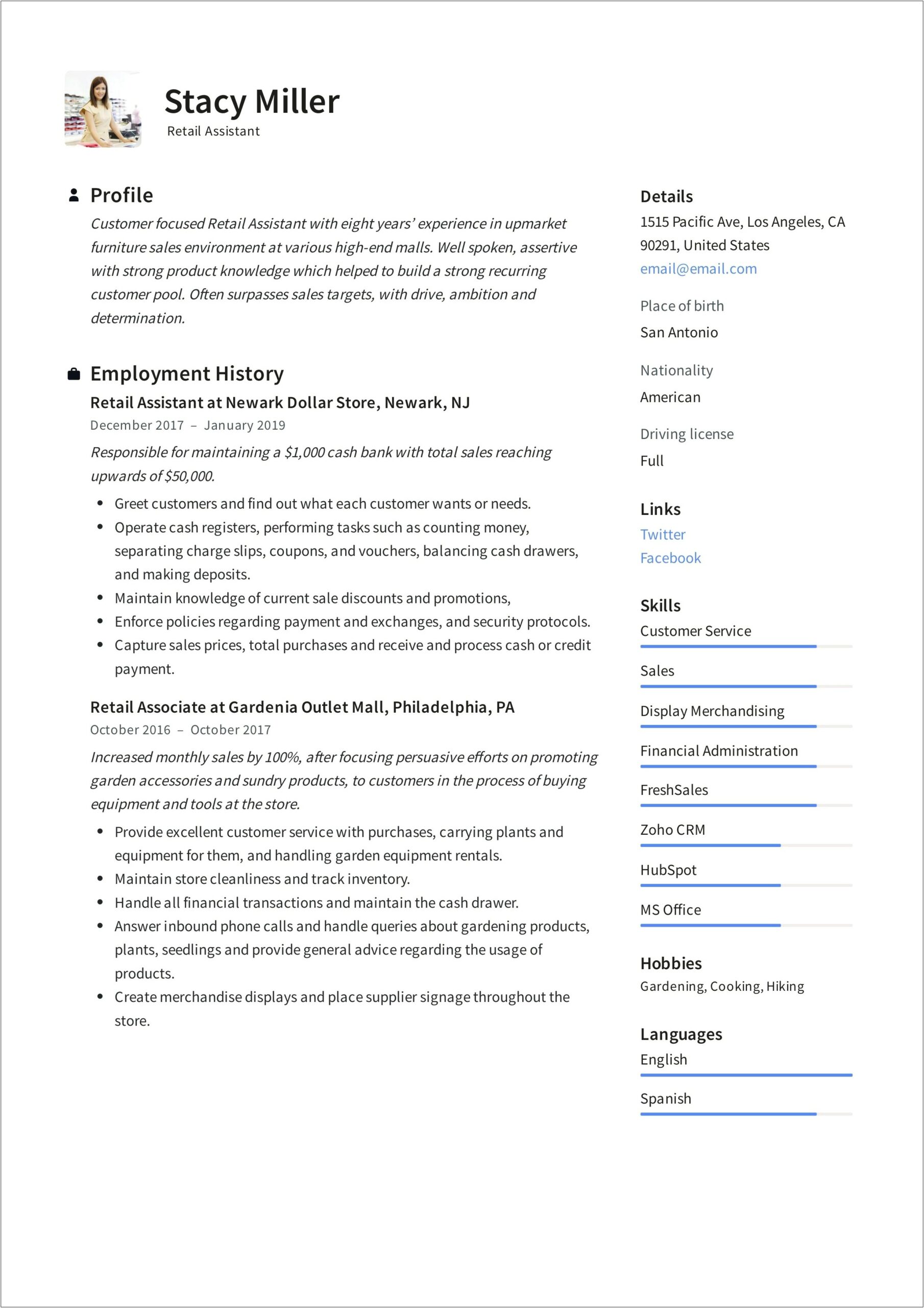 Resume For Retail Jobs Examples