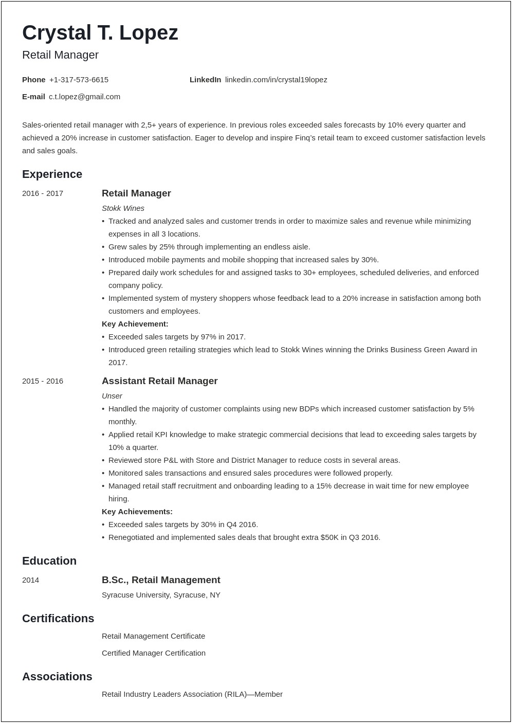 Resume For Retail Management Position Example