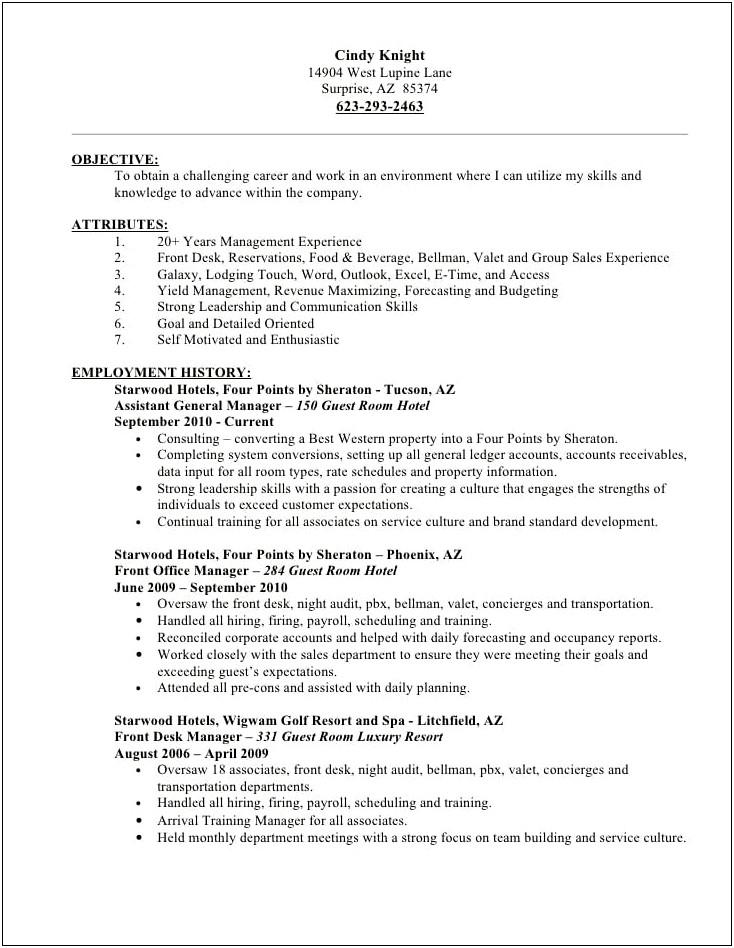 Resume For Revenue Reservations Manager
