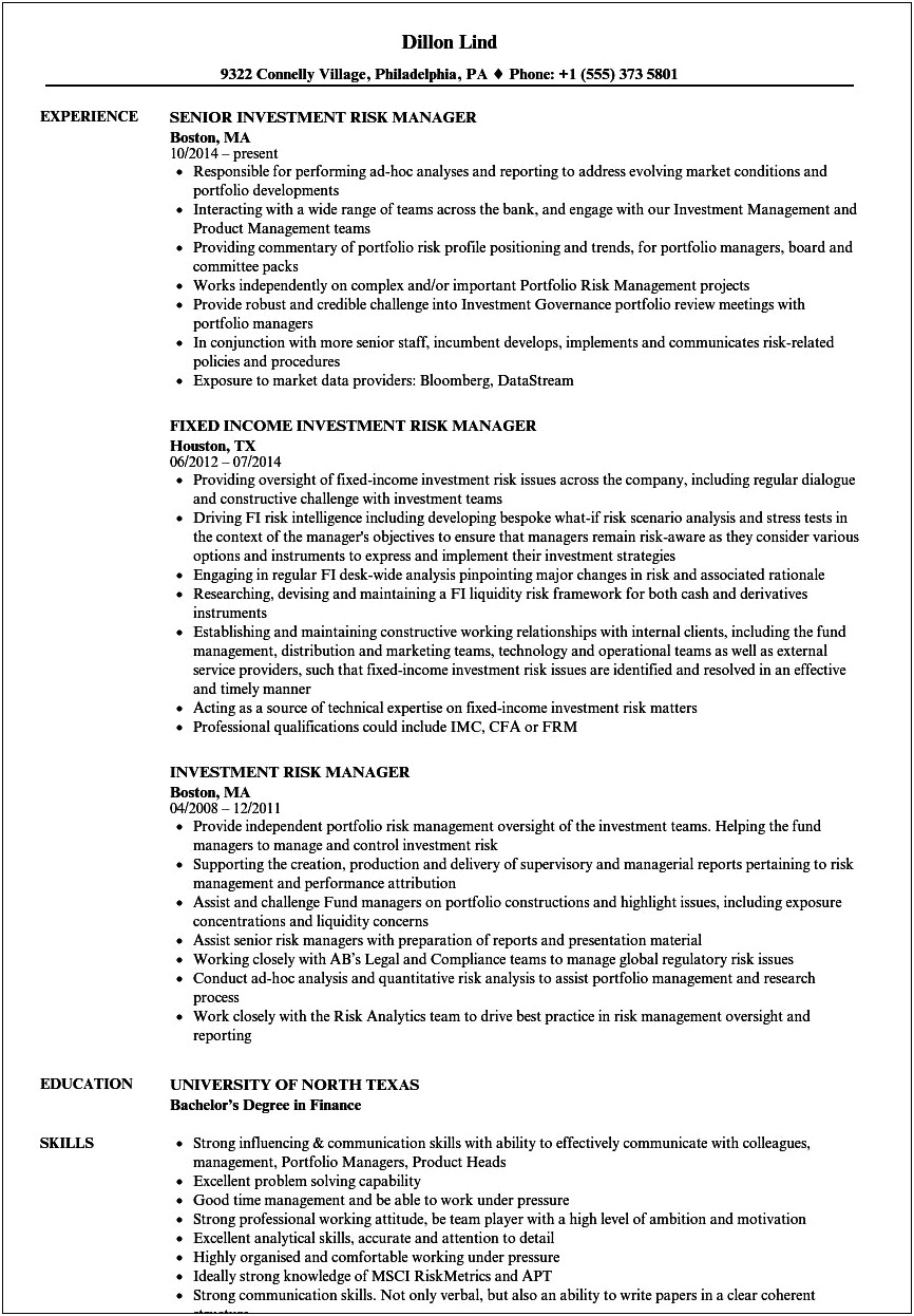 Resume For Risk Management Analyst
