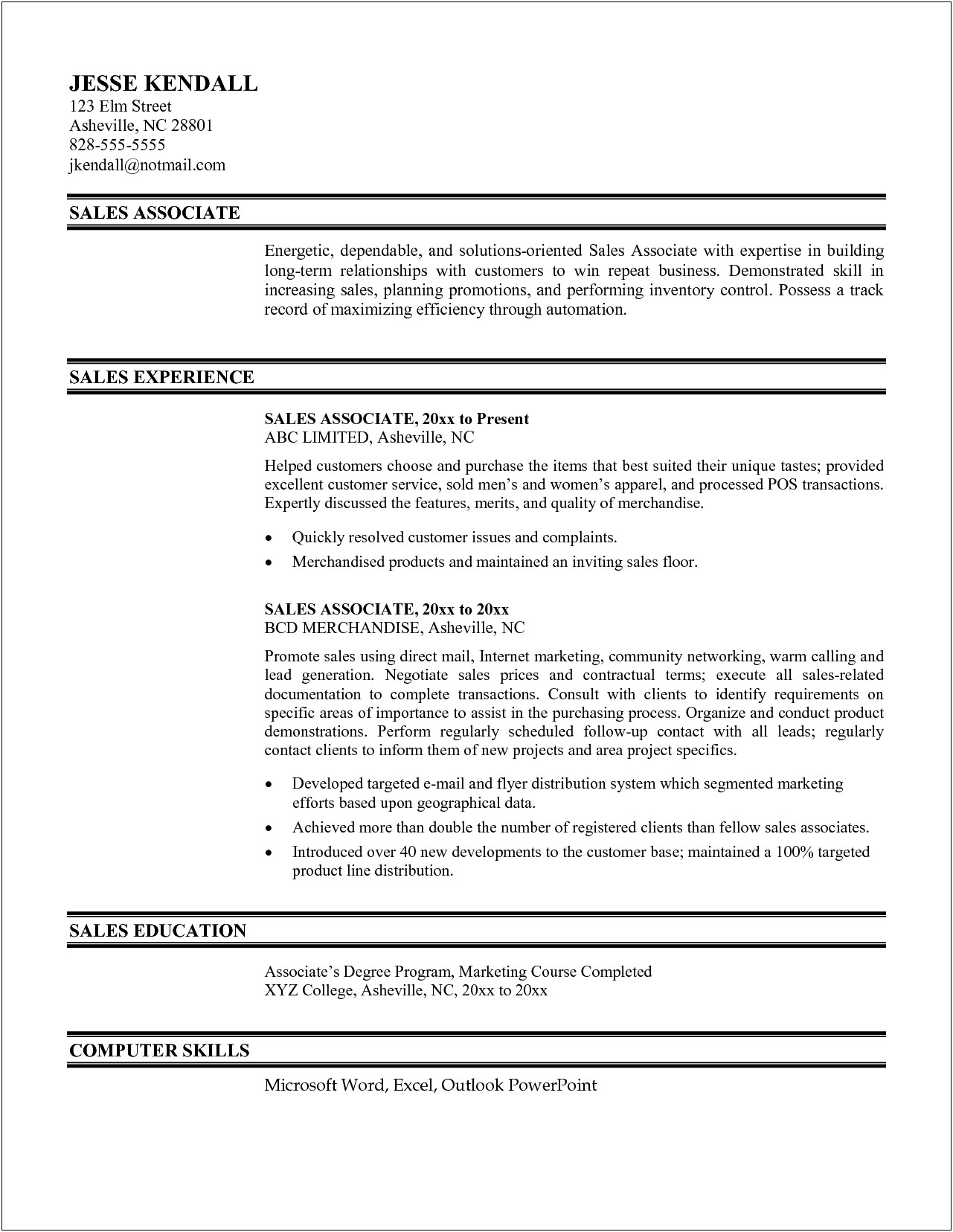 Resume For Sales Associate Objective
