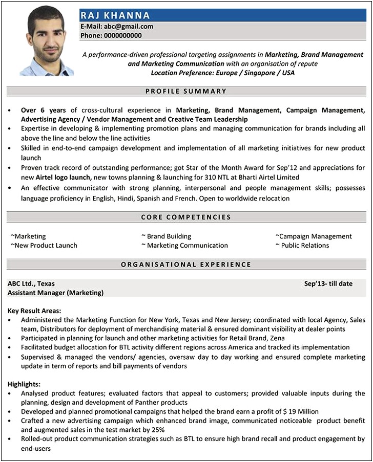 Resume For Sales & Marketing Manager