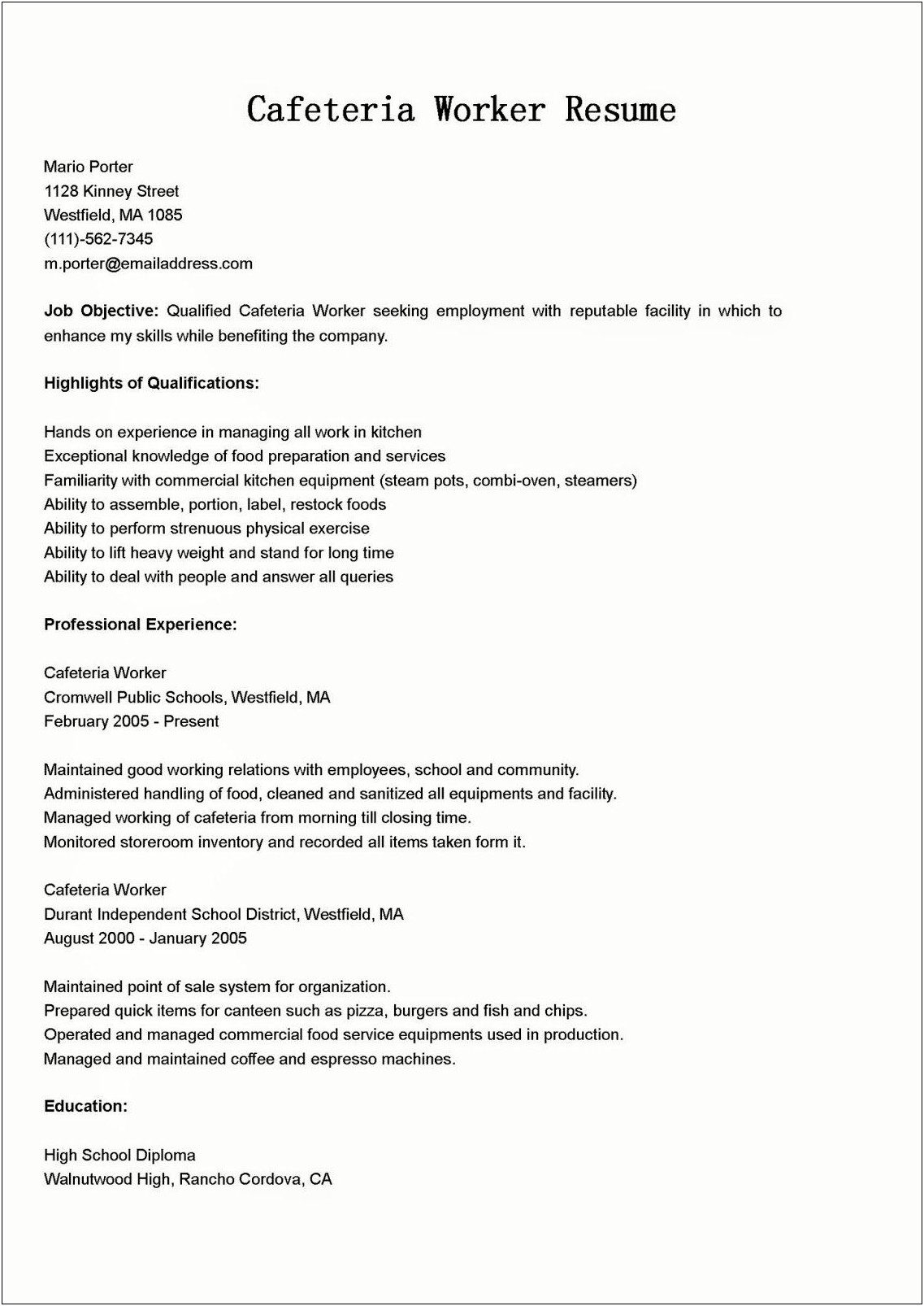 Resume For School Cafeteria Manager