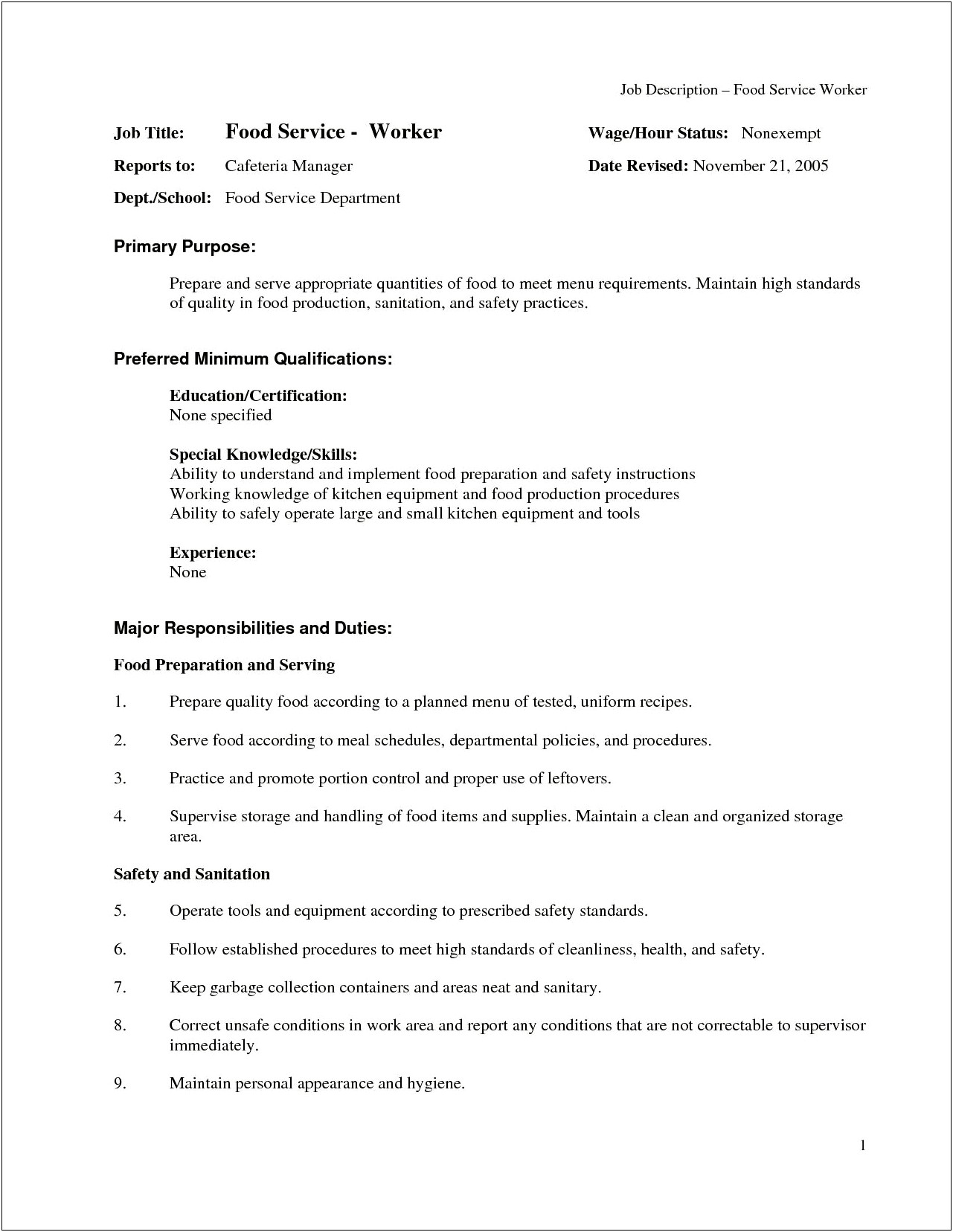 Resume For School Food Service Manager